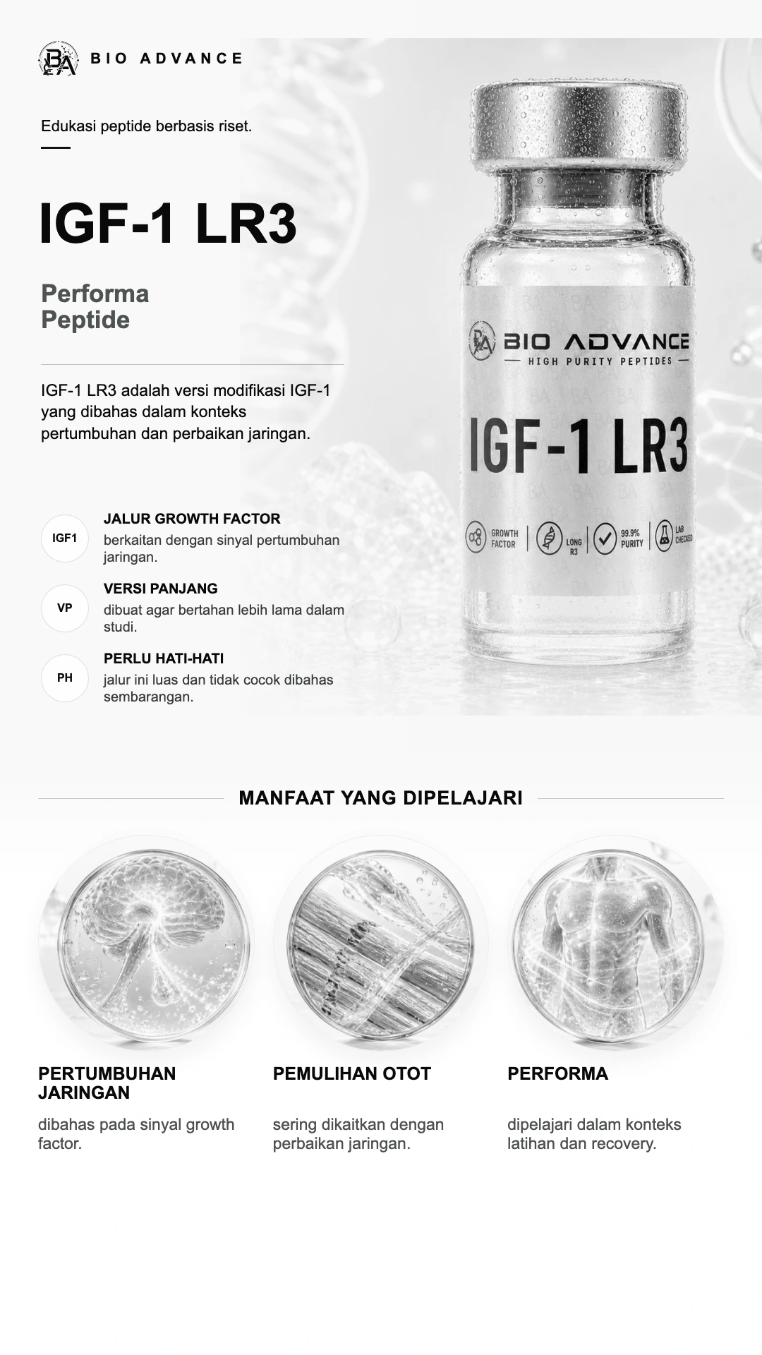 Poster edukasi IGF-1 LR3, ringkasan cara kerja dan konteks risetnya
