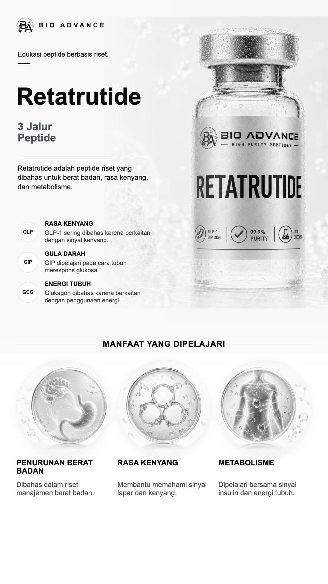 Poster edukasi Retatrutide, ringkasan cara kerja dan konteks risetnya