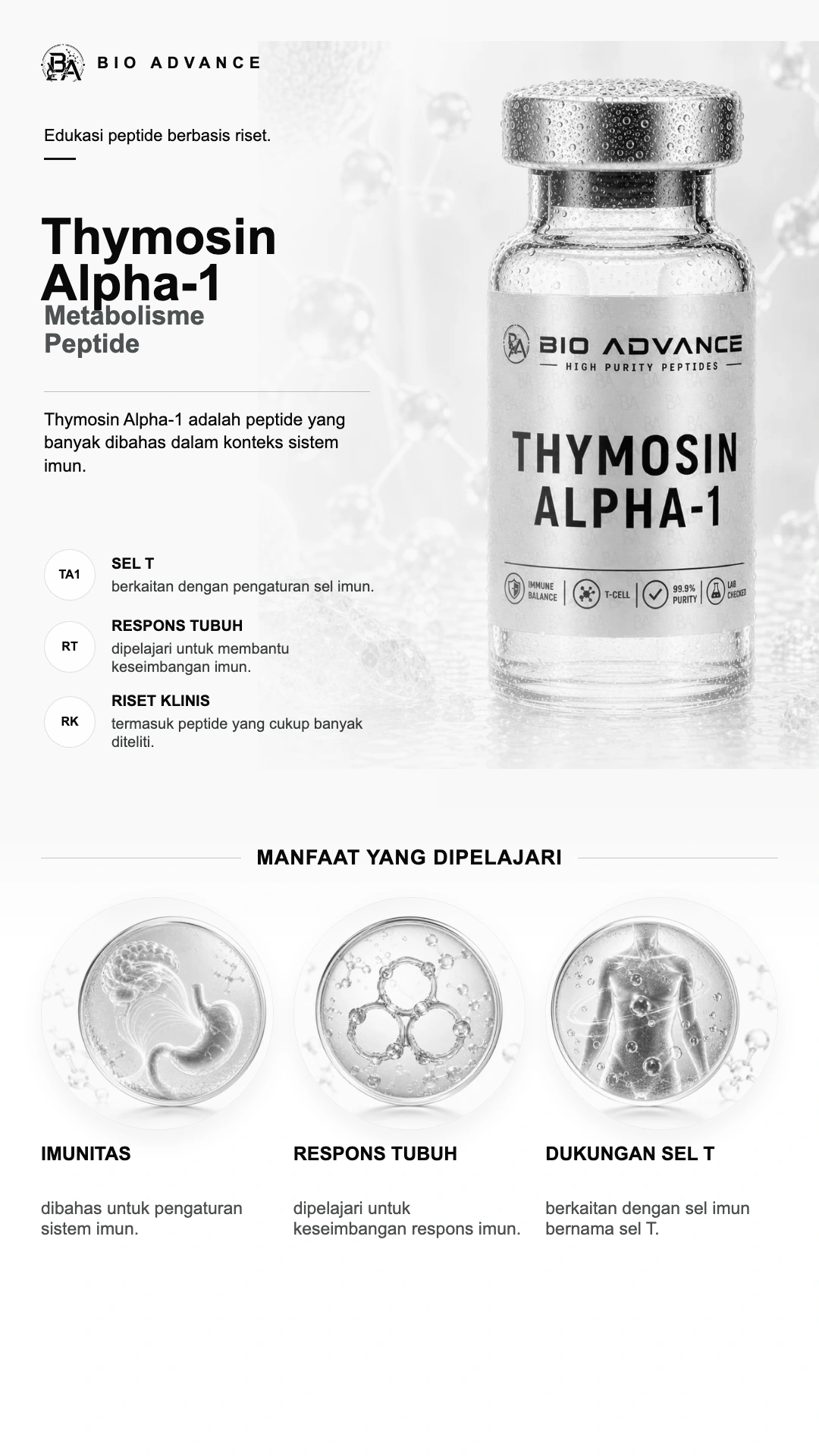 Poster edukasi Thymosin Alpha-1, ringkasan cara kerja dan konteks risetnya